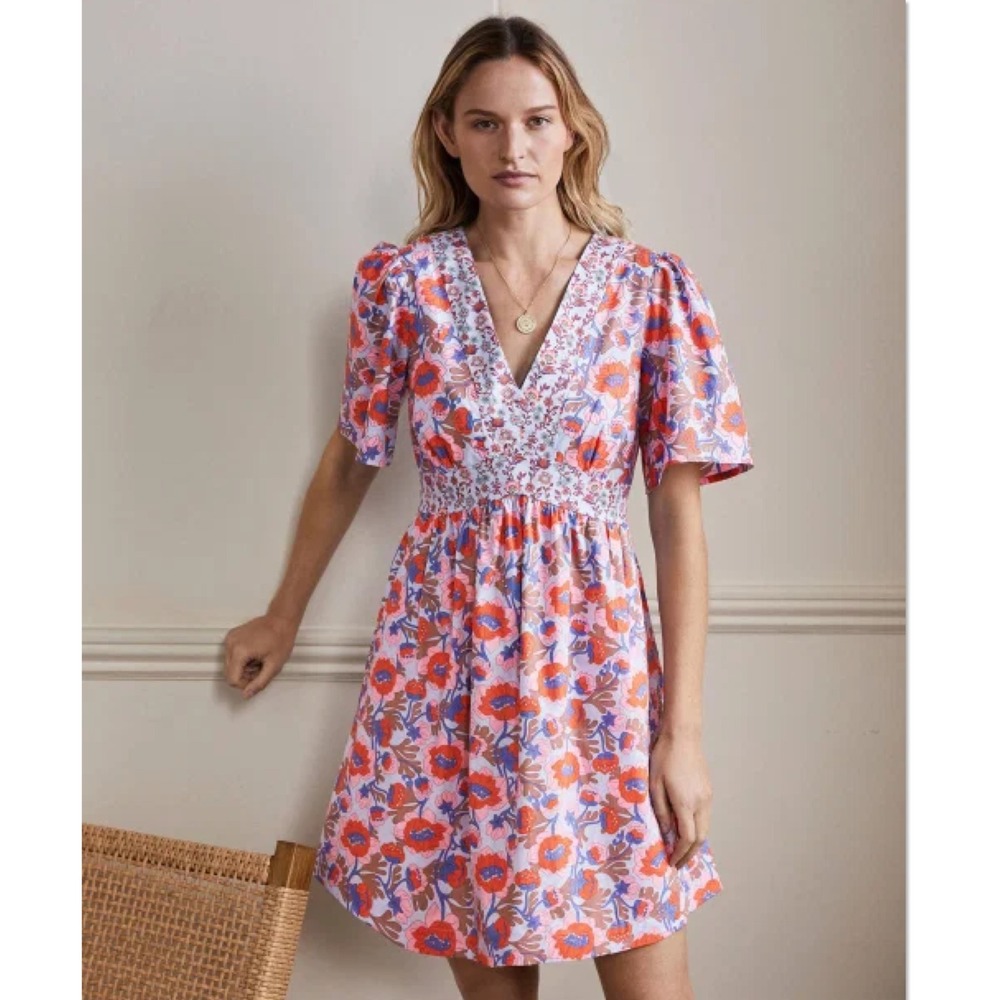 BODEN V-Neck Contrast Detail Dress Blue Floral US 6R 6 NEW NWOT Boho D0217